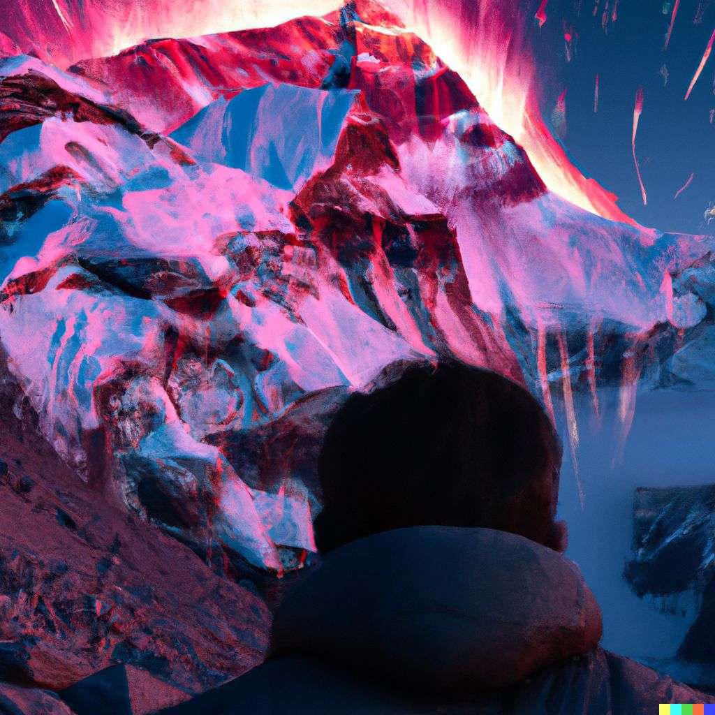 someone gazing at Mount Everest, covered in exploding crystals